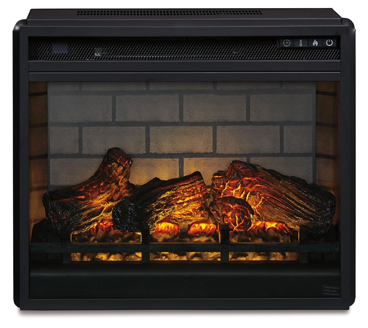 Black infrared fireplace insert with simulated logs and glowing embers in front