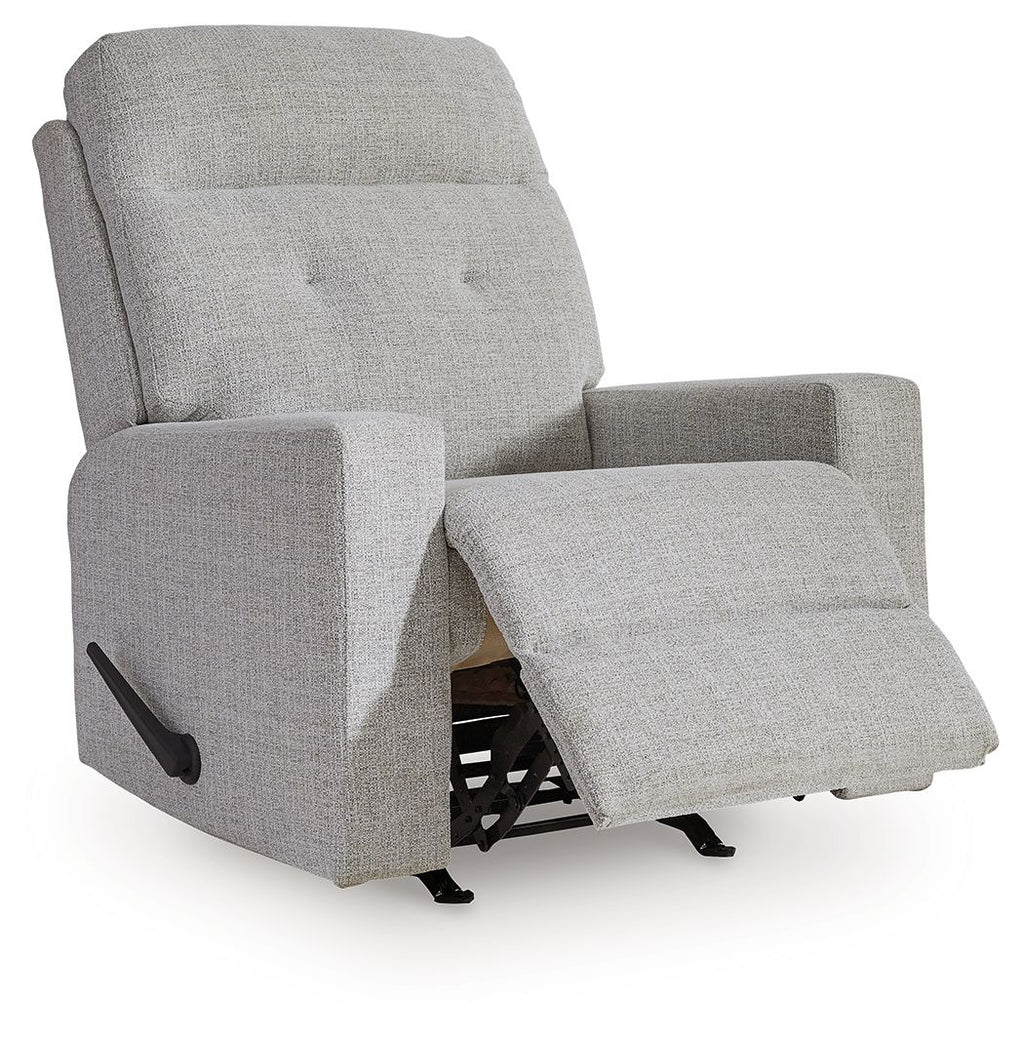 Stone gray upholstered recliner chair with footrest extended and side arm panels