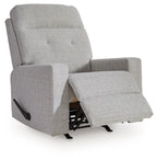 Stone gray upholstered recliner chair with footrest extended and side arm panels