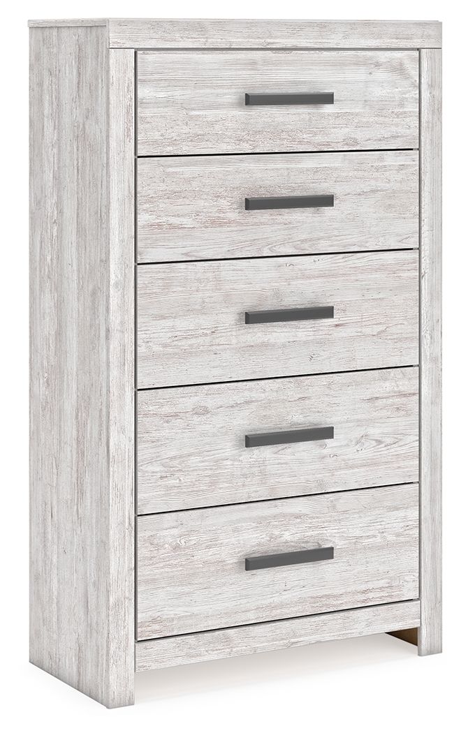 Whitewash five-drawer chest with five dark bar pulls visible on front face