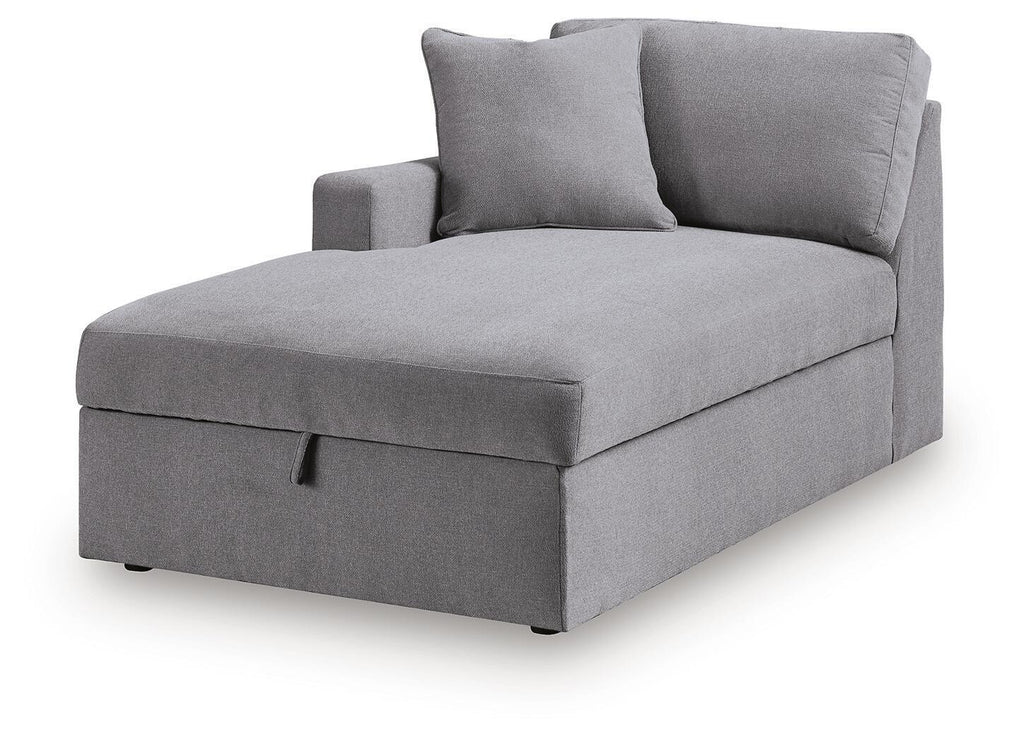 Left-facing corner chaise with storage, gray fabric upholstered armchair