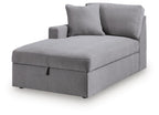 Left-facing corner chaise with storage, gray fabric upholstered armchair