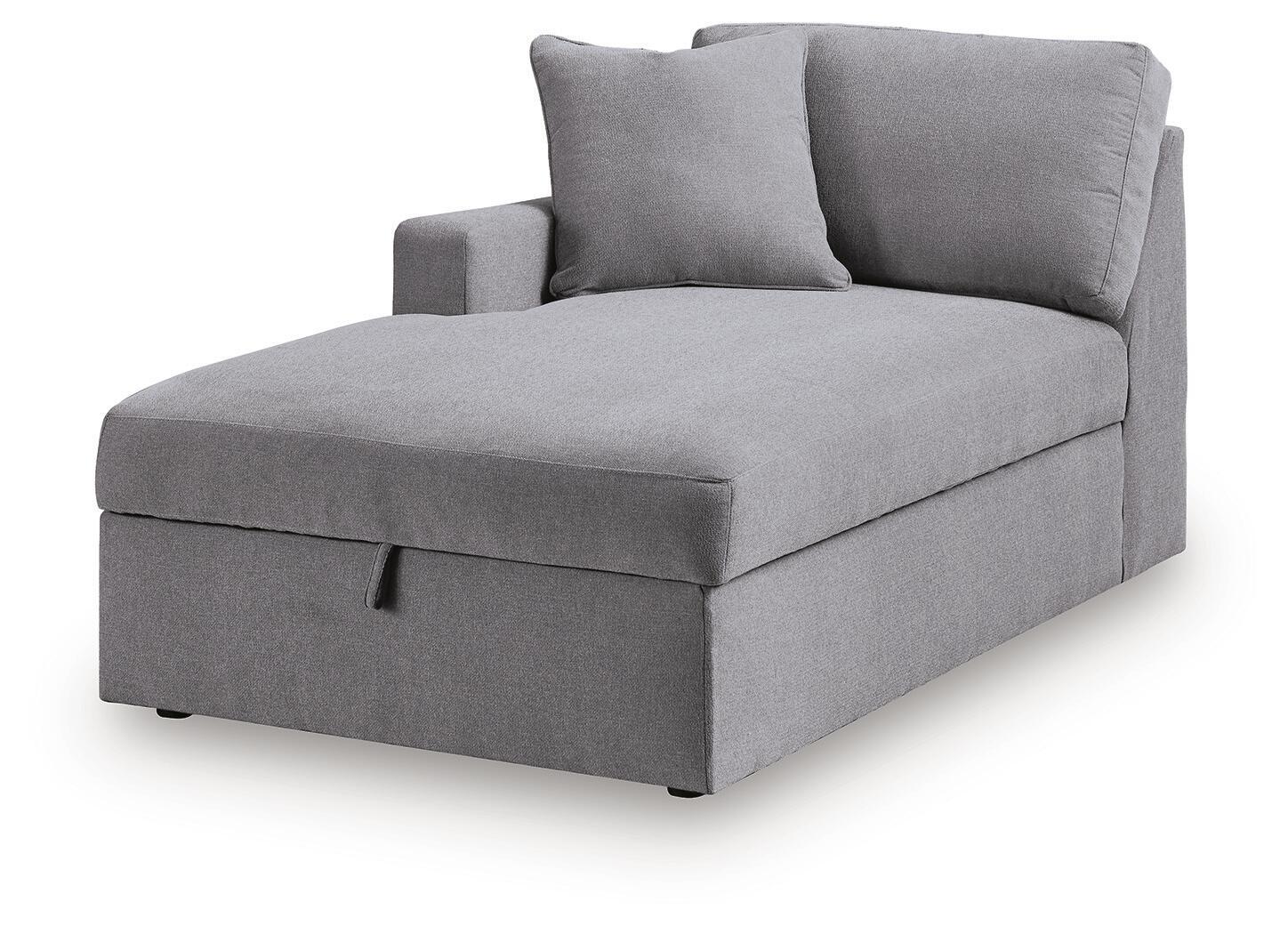 Left-facing corner chaise with storage, gray fabric upholstered armchair
