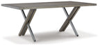 Weathered gray dining table with dark X-style trestle base