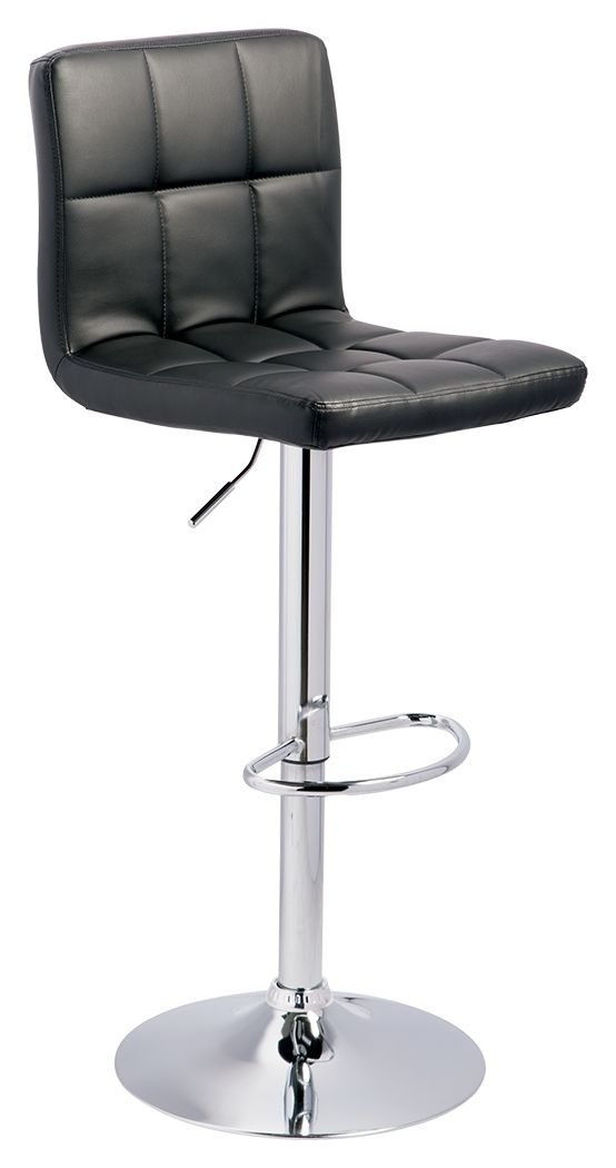 Black adjustable barstool with padded back and seat, chrome base and footrest