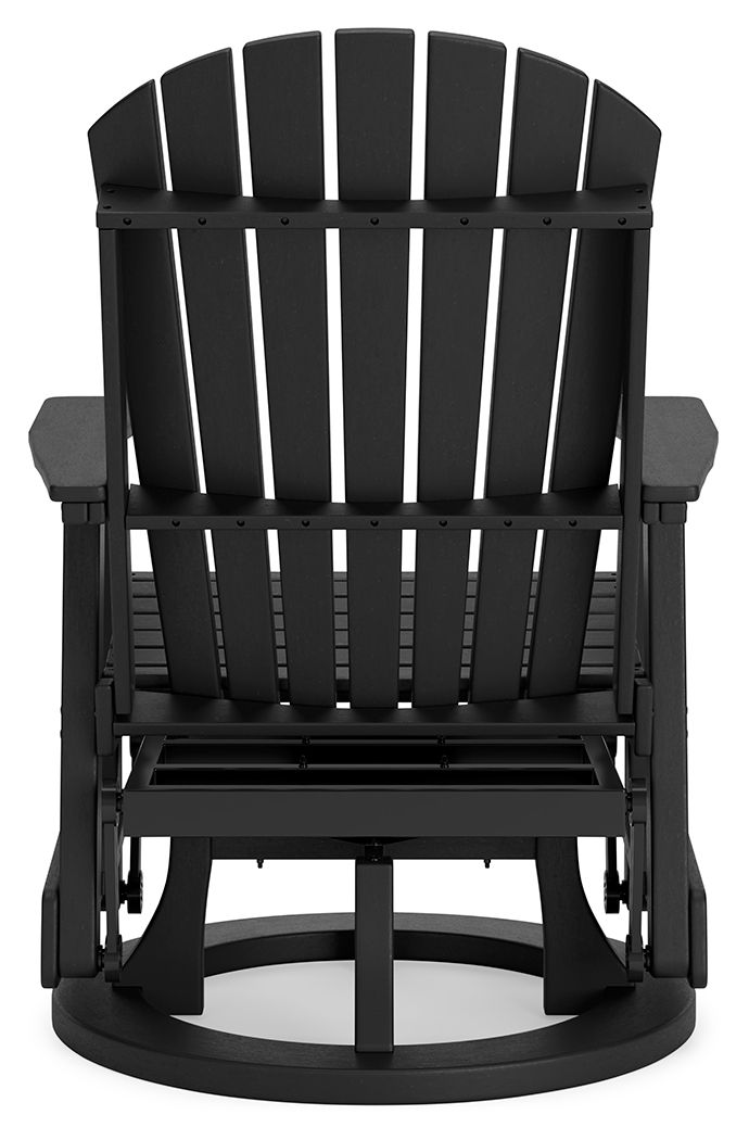Black swivel glider chair rear view with vertical slat back and broad circular base.