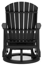Black swivel glider chair rear view with vertical slat back and broad circular base.