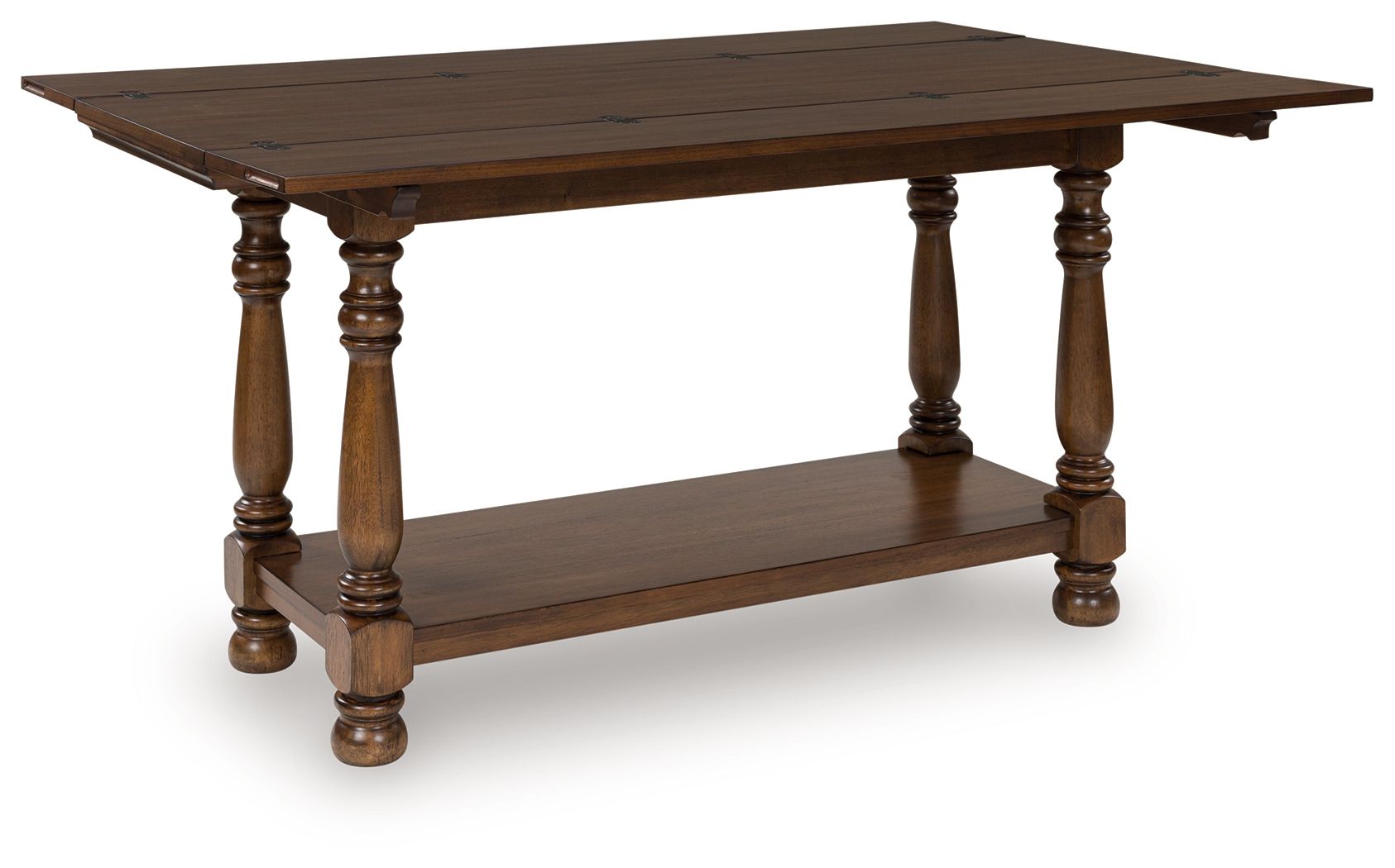 Brown flip-top sofa table with turned legs and lower shelf, partially raised hinged top