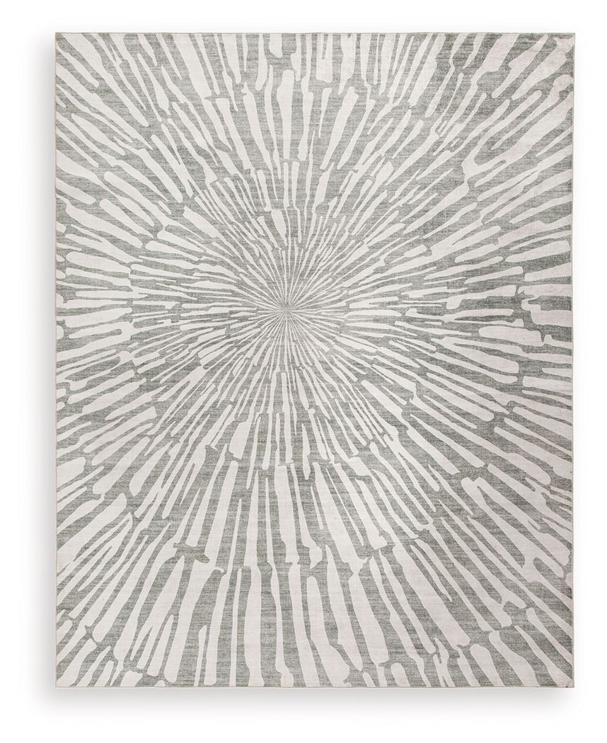Gray and ivory washable rug featuring a radial sunburst pattern across the square surface