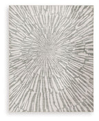 Gray and ivory washable rug featuring a radial sunburst pattern across the square surface