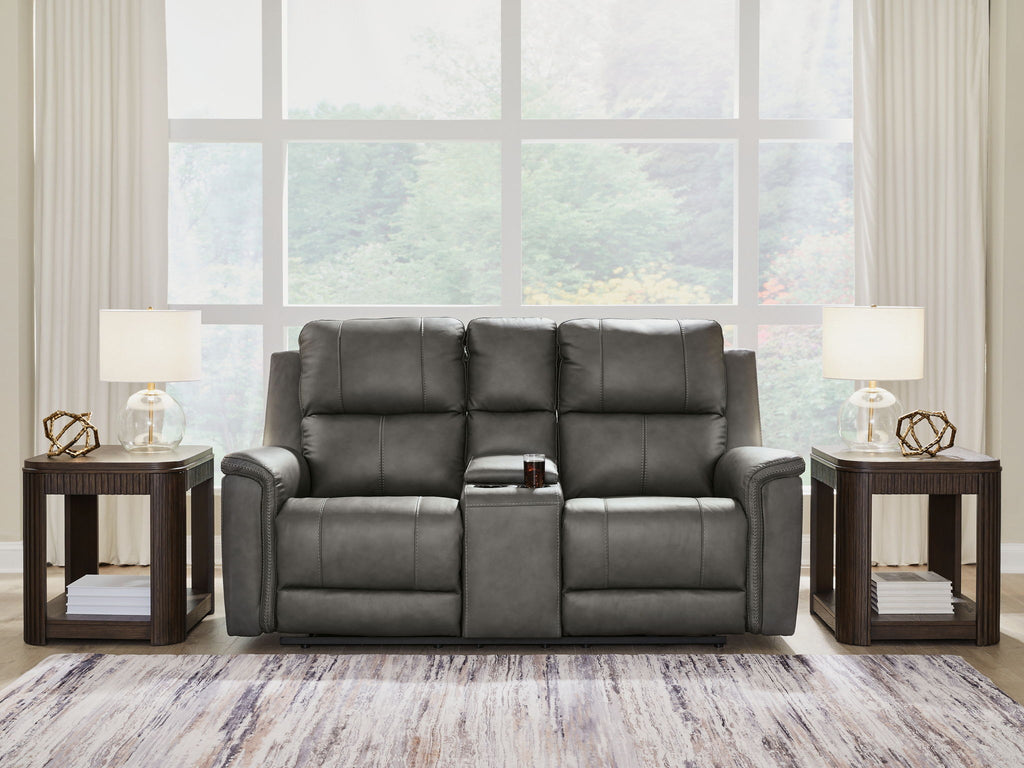 Power reclining loveseat with console, gray upholstery with adjustable headrests and center detail