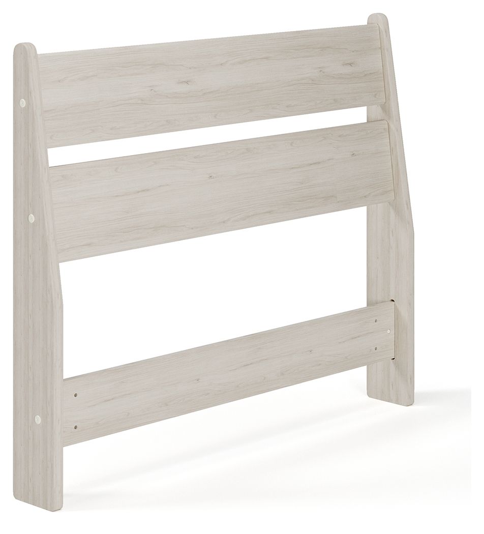 Beige wood panel headboard with three horizontal slats and rounded corner posts