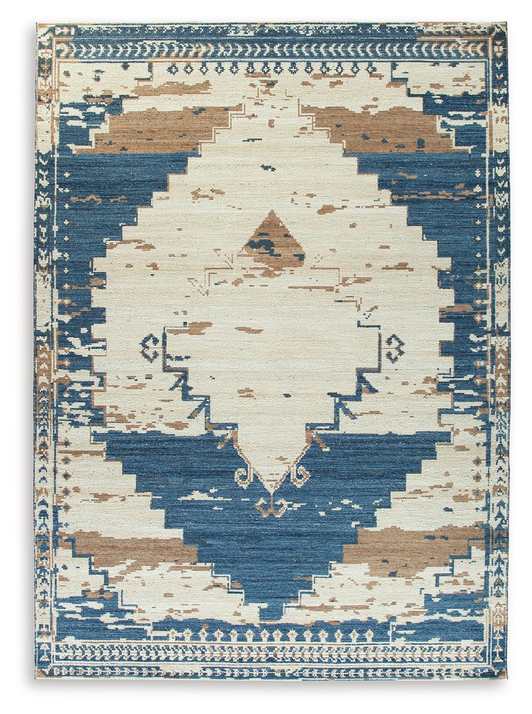 Rug with cream center medallion and blue geometric blocks, distressed pattern border