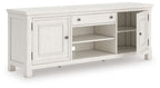 Antique white TV stand with drawer, open center shelves, and side cabinet door
