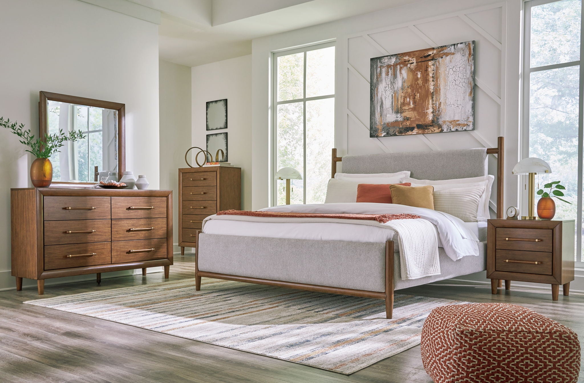 Upholstered bedroom set with bed, gray upholstered headboard and matching dark wood nightstands