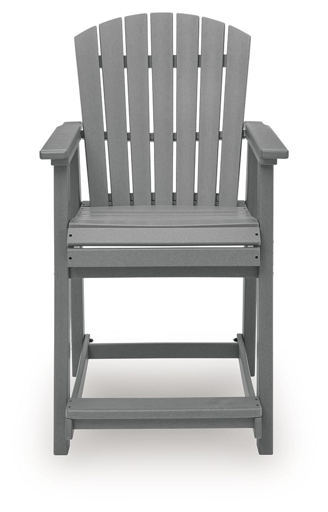 Dark gray wooden barstool with vertical slat back, armrests, and footrest.