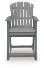 Dark gray wooden barstool with vertical slat back, armrests, and footrest.
