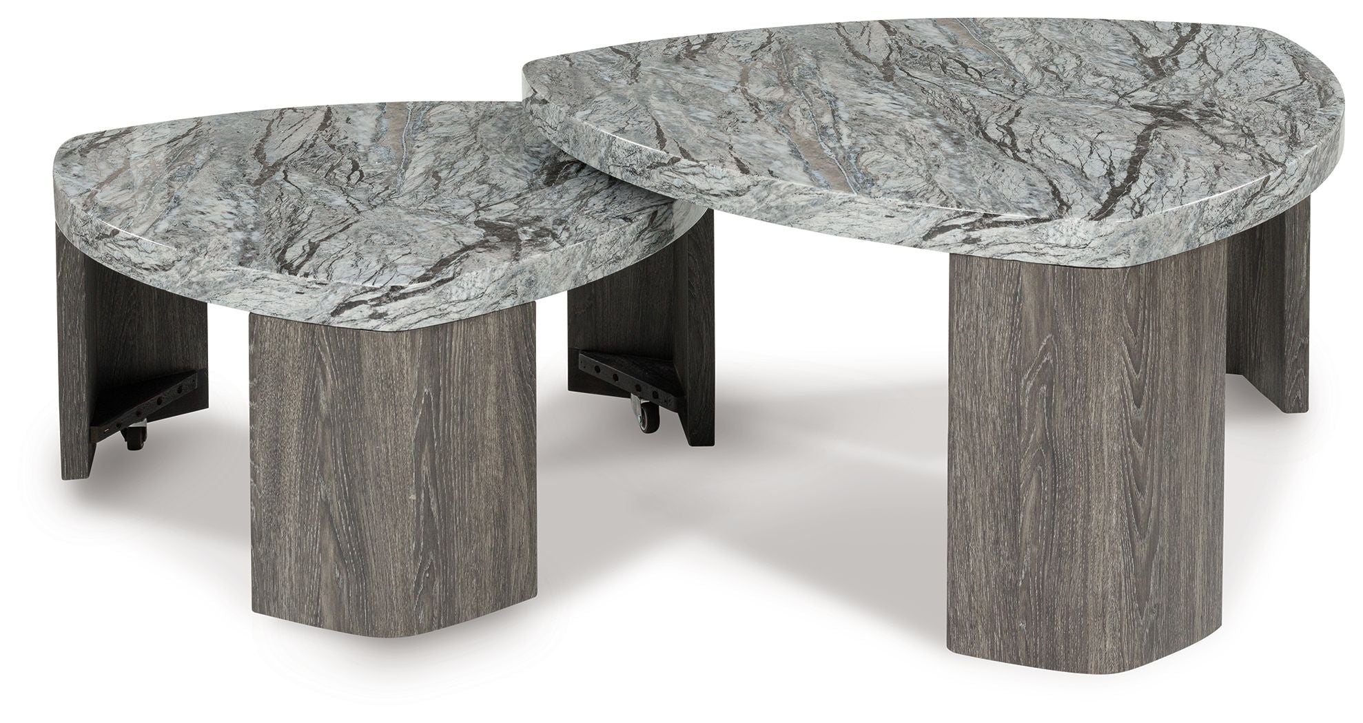 Stacked cocktail table set with two overlapping round stone-look tabletops and gray base legs