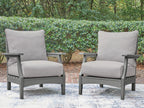 Set of 2 gray outdoor lounge chairs with padded cushions and slatted, sturdy frames