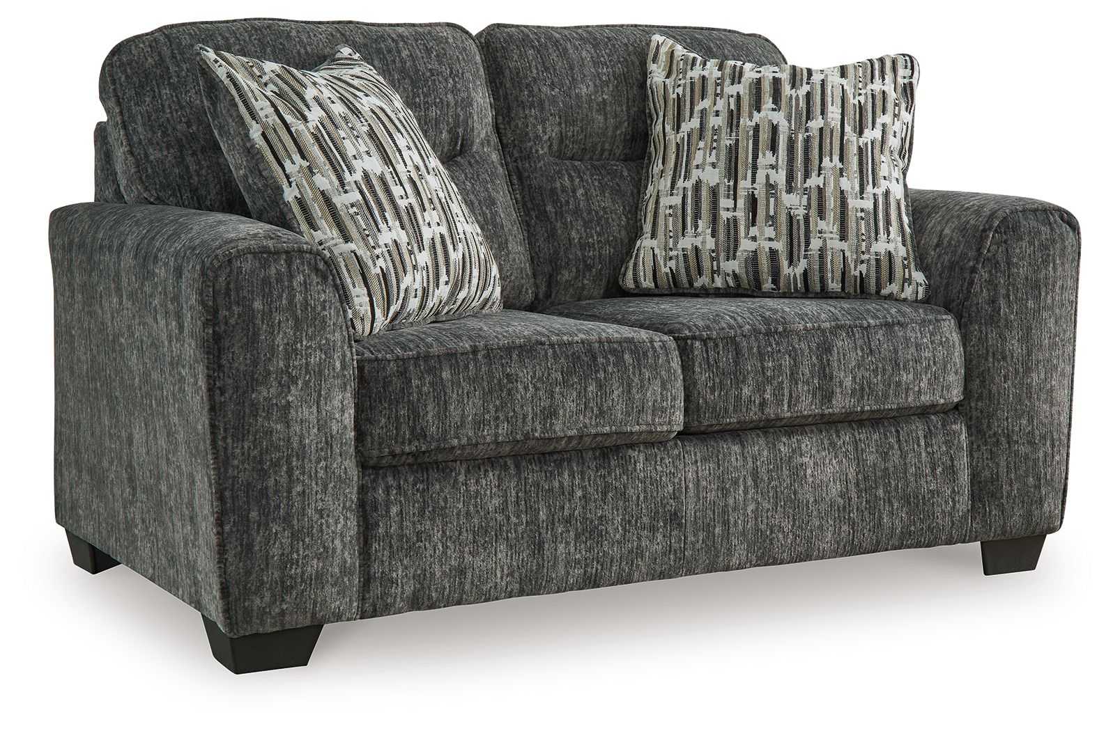 Gunmetal gray loveseat with textured fabric and three patterned accent pillows