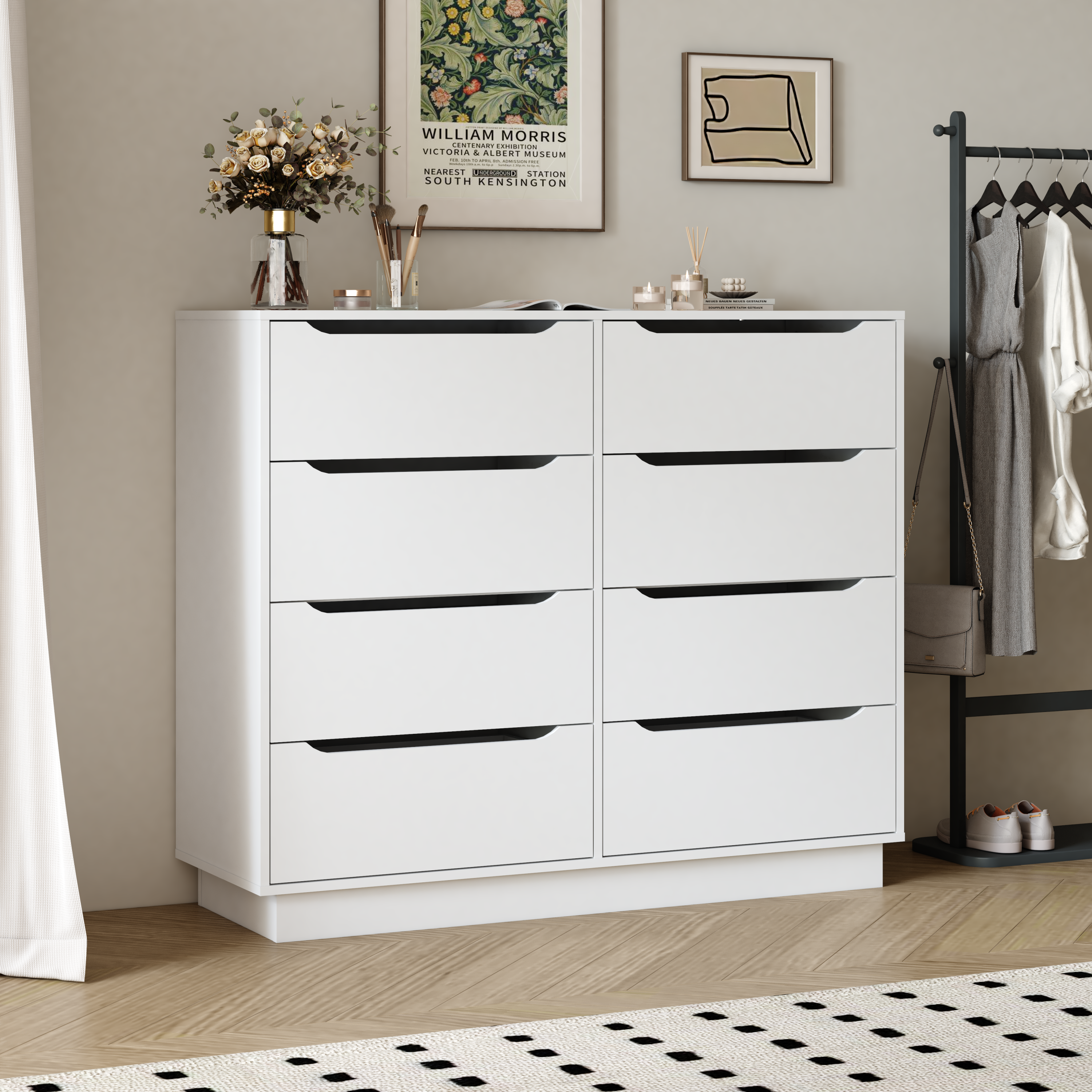 White 8-Drawer Long Dresser: Spacious Bedroom Storage