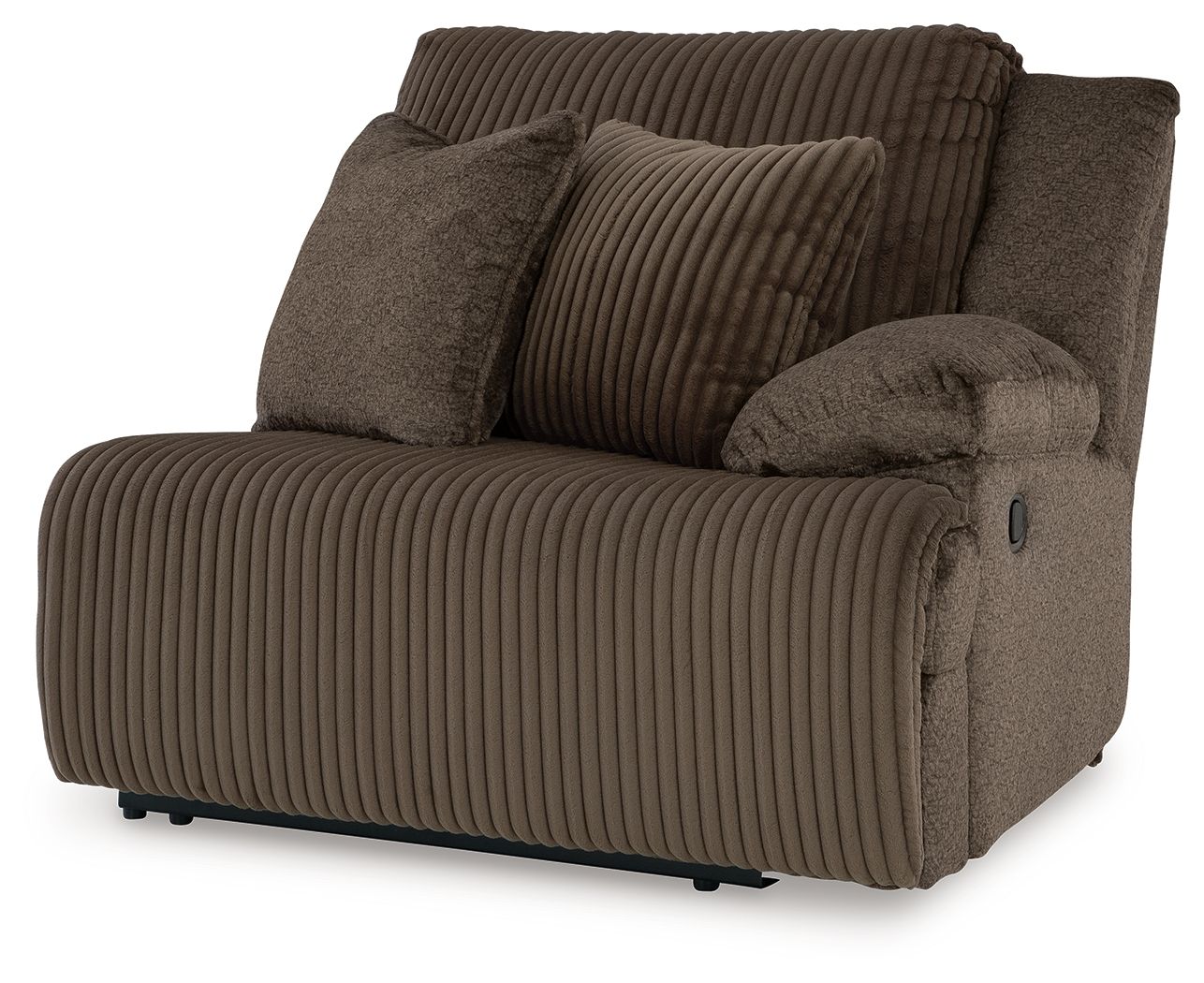 Chocolate-brown fabric zero-wall recliner with ribbed arms and side button detail