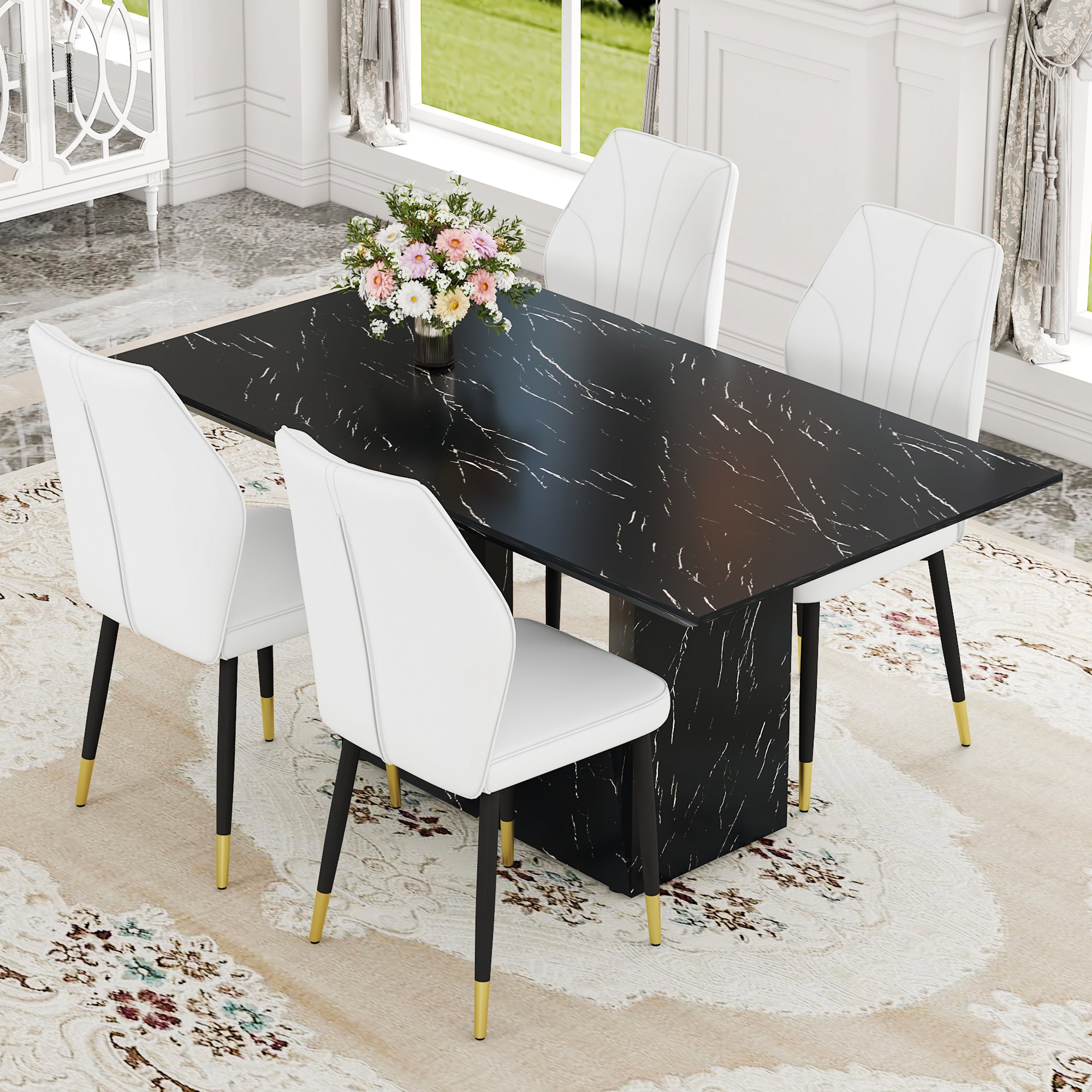 Black Marble Dining Set w/ 4 White Chairs