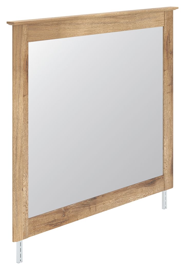 Bedroom mirror with light brown wood frame, side-angled view with reflective glass