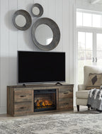 Rustic brown TV stand with electric fireplace and two side drawers