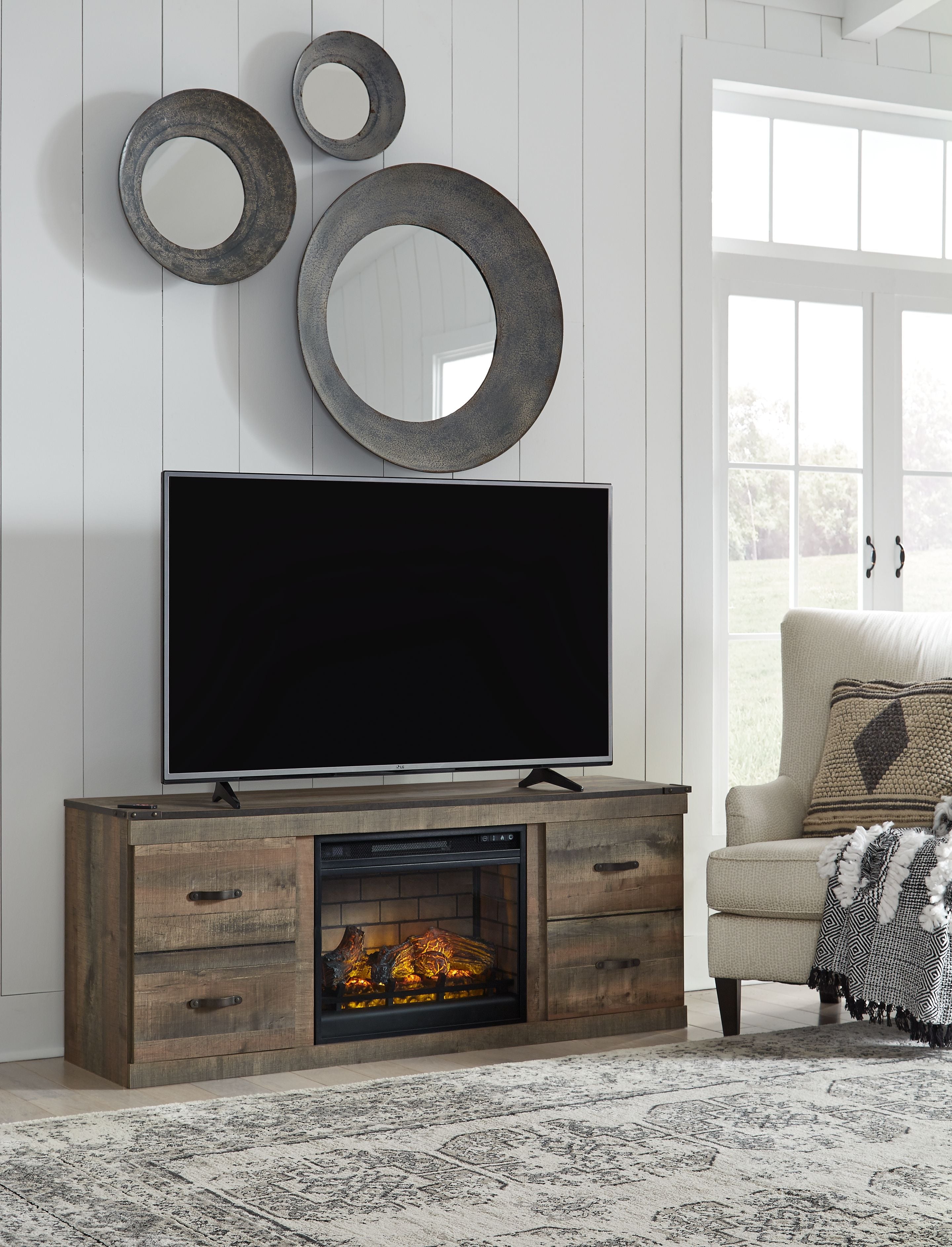 Rustic brown TV stand with electric fireplace and two side drawers