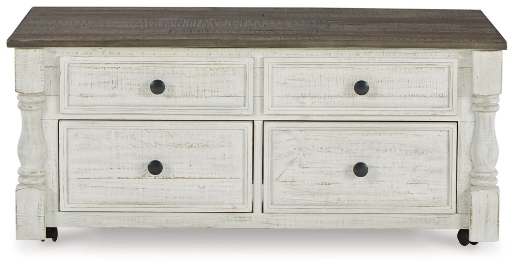 Lift-top cocktail table with four drawers, white cabinet and dark wood top