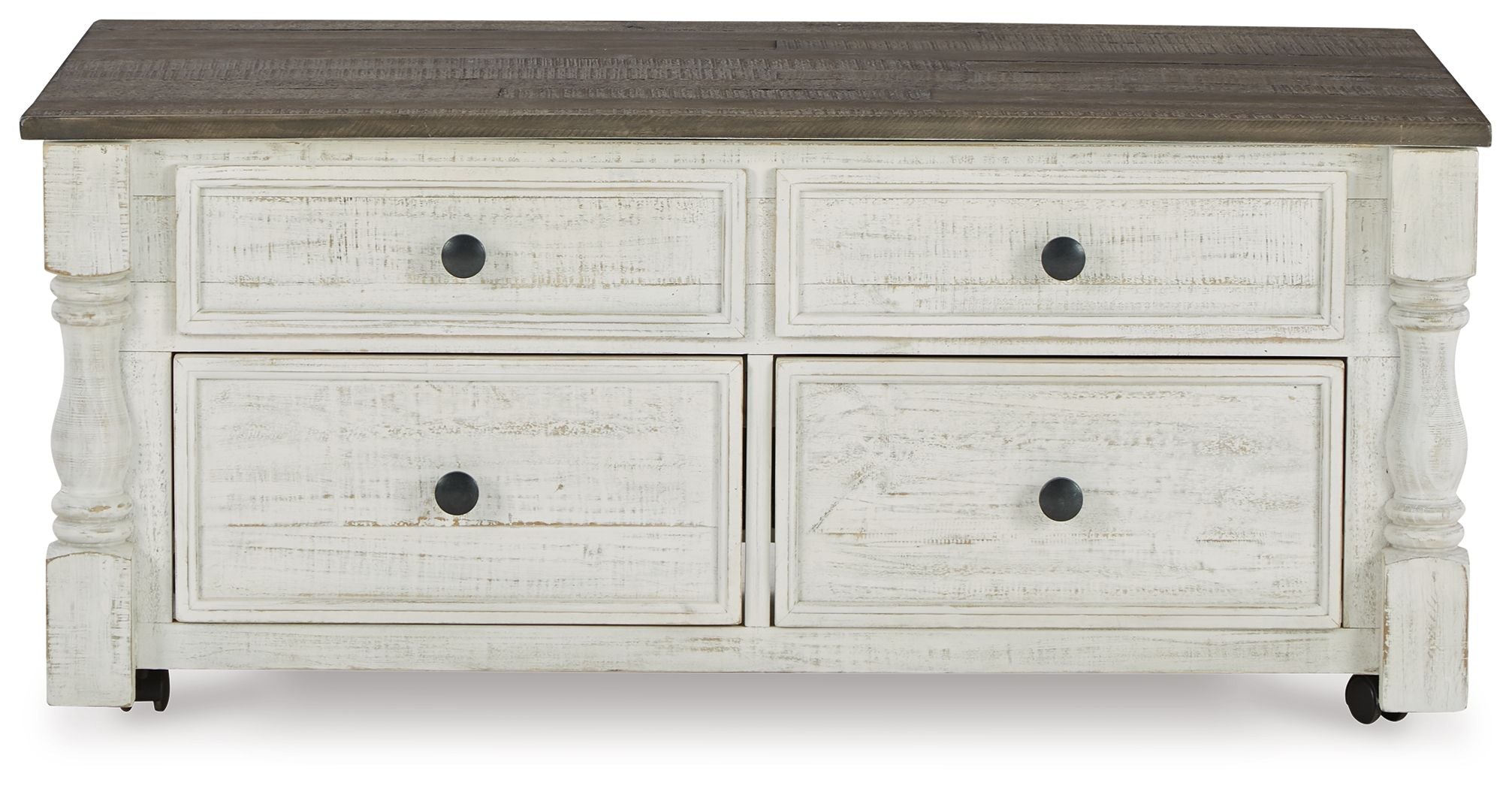 Lift-top cocktail table with four drawers, white cabinet and dark wood top
