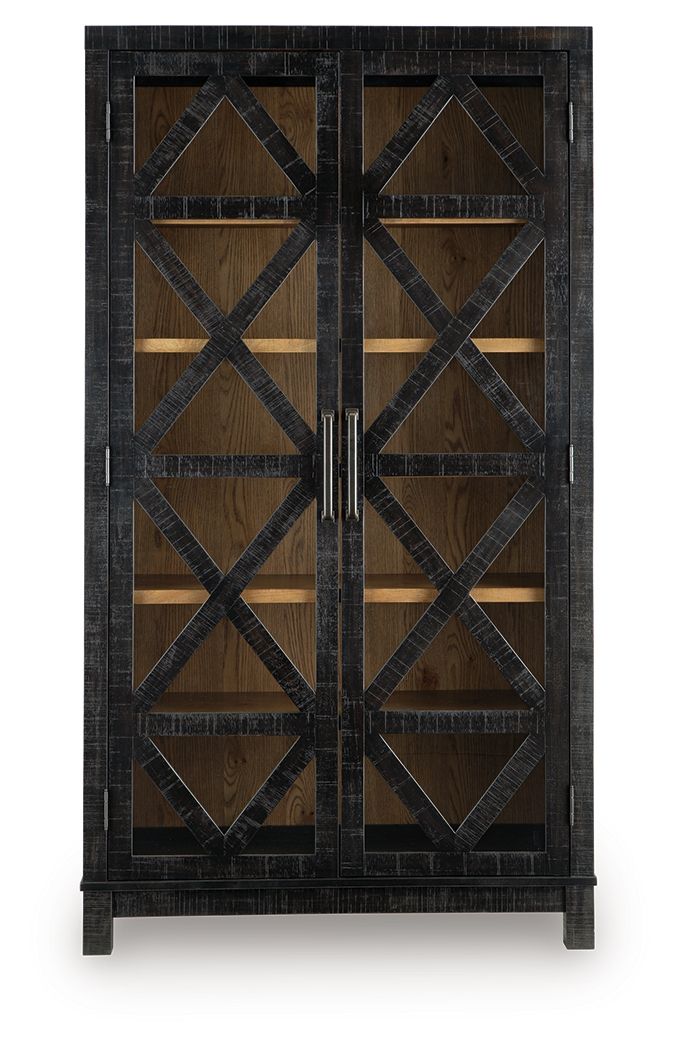 Black accent cabinet with X-pattern door fronts and interior shelving
