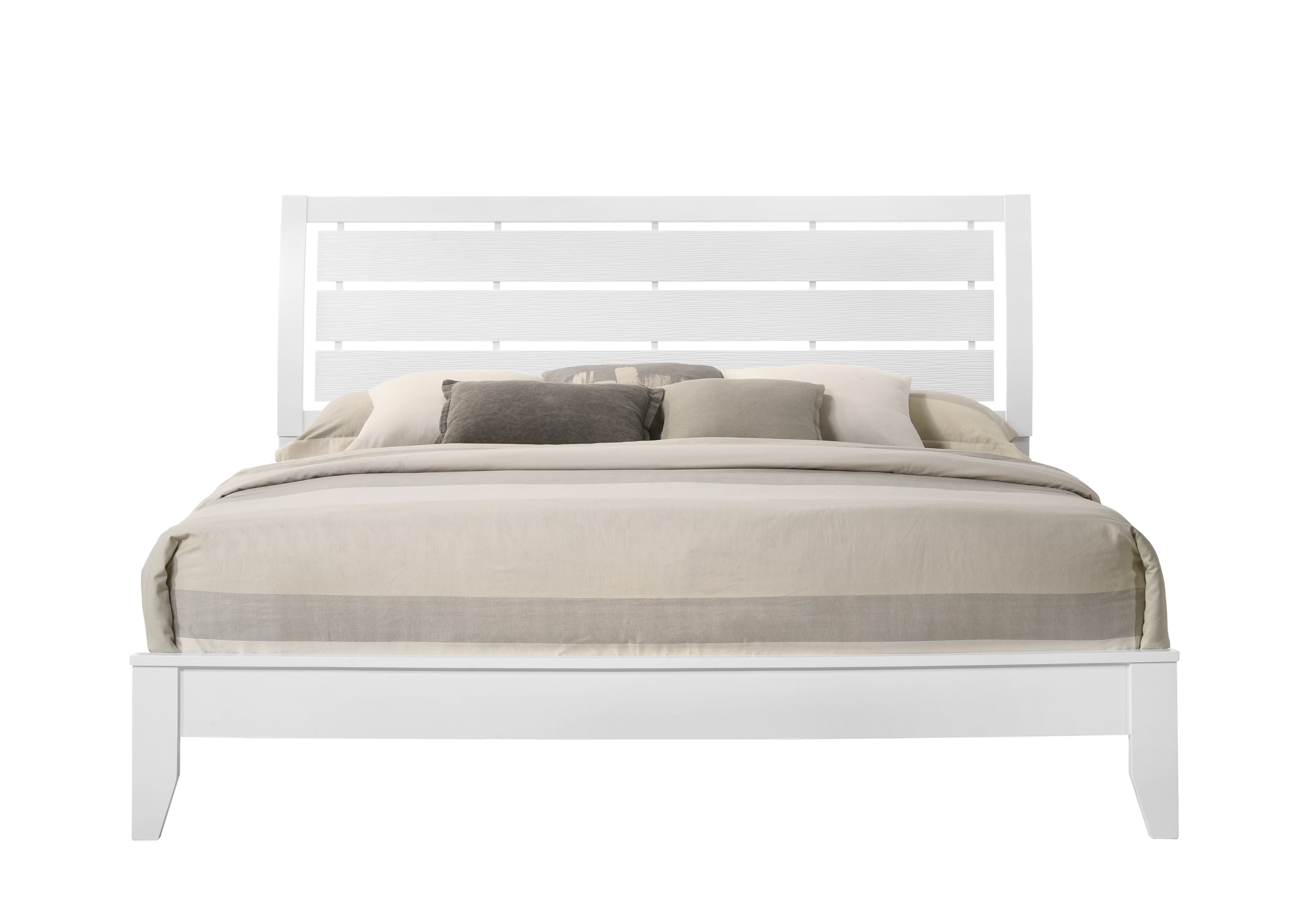 King White Panel Bed with Geometric Curved Headboard Wooden Frame.