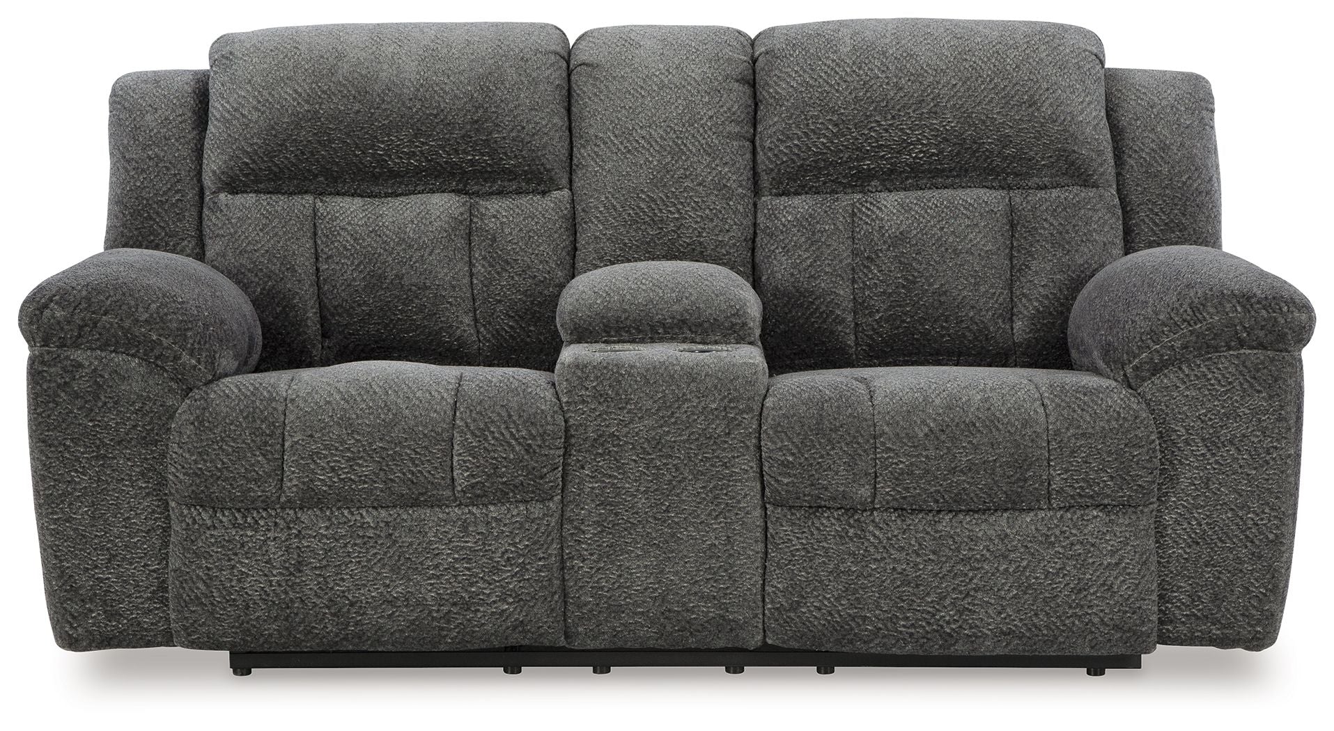Dark gray double reclining loveseat with central headrest and tufted seat cushions