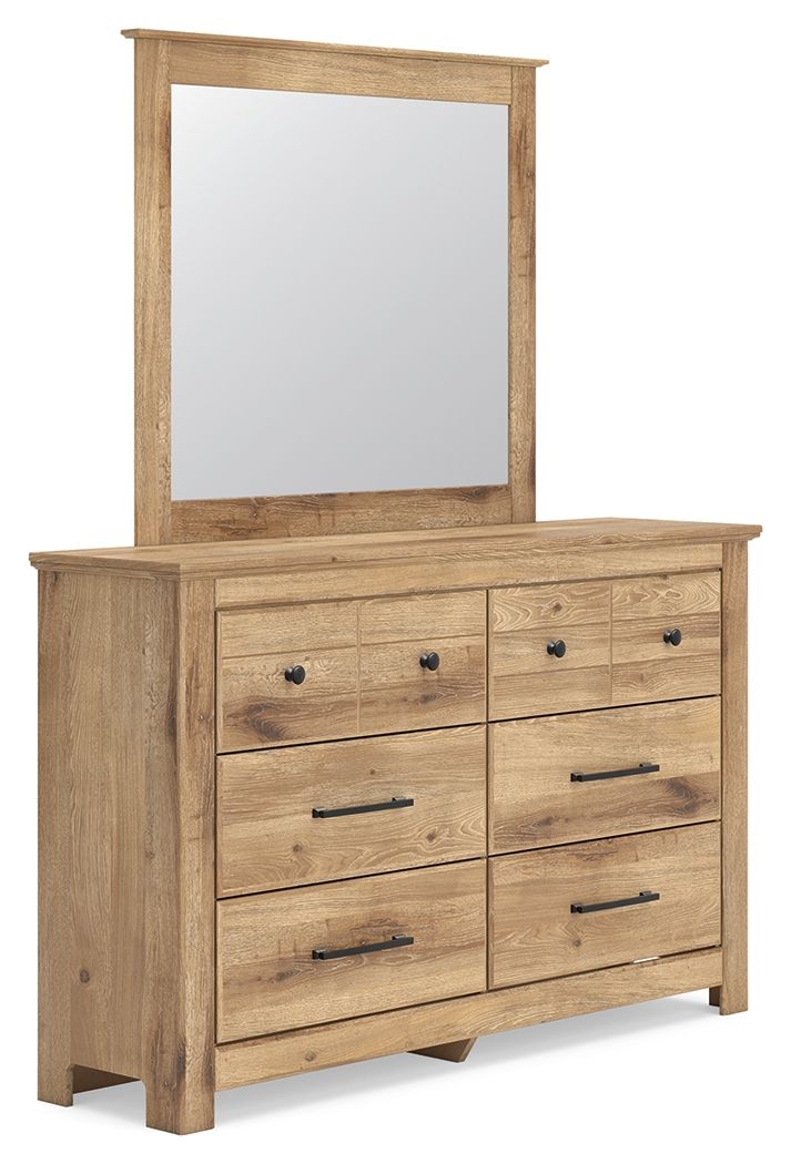 Light brown six-drawer dresser with a tall mirror and black bar pulls