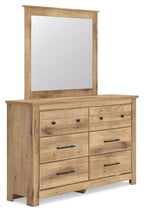 Wood dresser with panel mirror and six drawers, black pulls