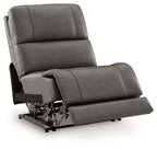 Dark gray power armless recliner with adjustable headrest and visible recline mechanism