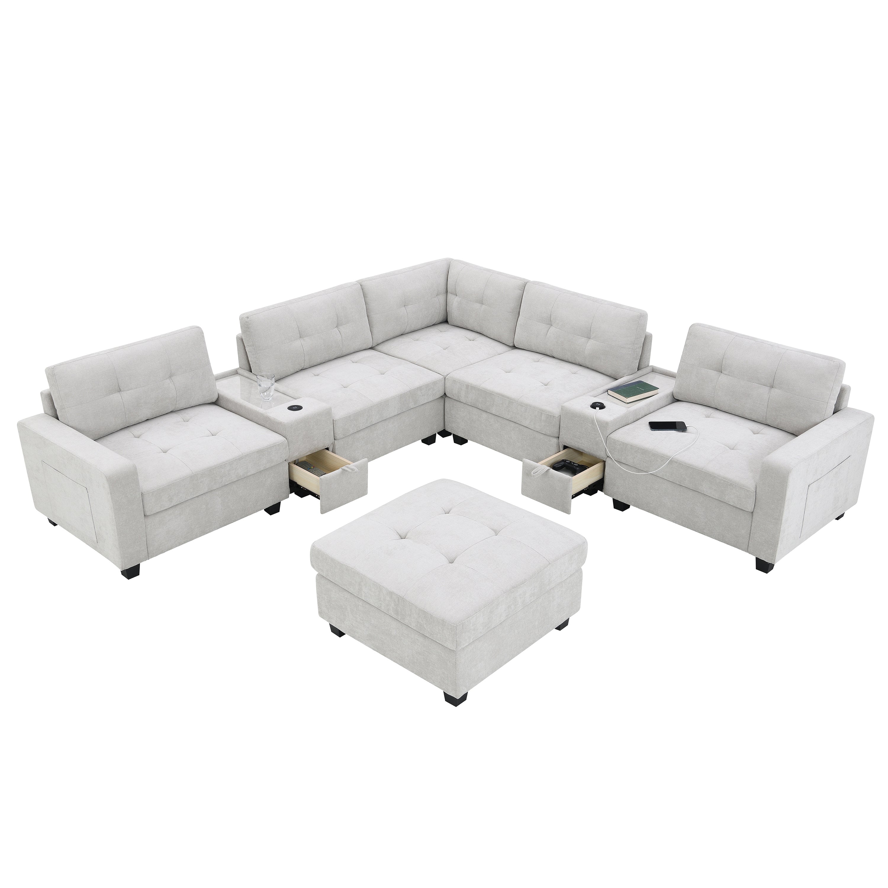 Chenille U-Shaped Sectional Sofa w/ USB, Storage & Ottoman