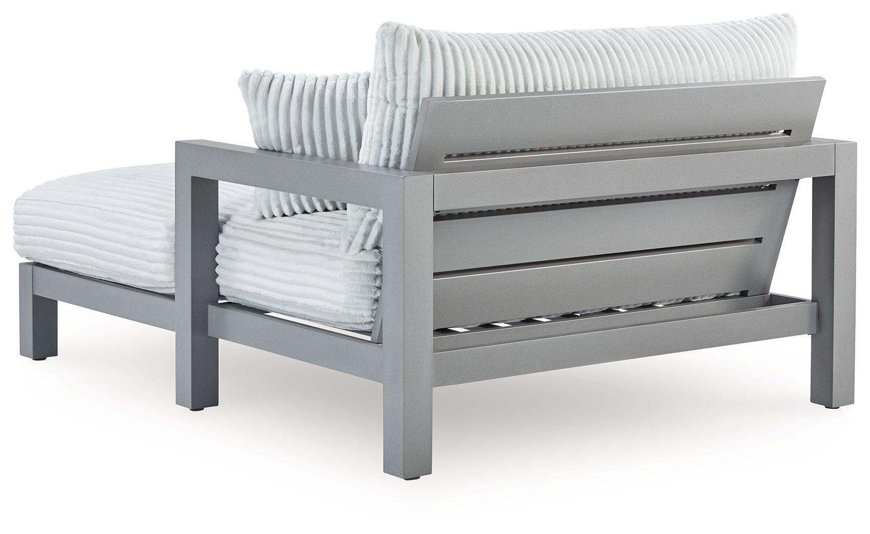 Chaise lounge with gray frame and light gray cushions, showing storage panel under back