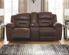 Stoneland power reclining loveseat in dark brown leather-look, smooth cushions and reclining backrests