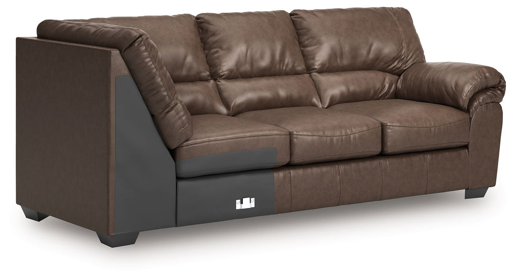 Umber brown RAF sofa with corner wedge, padded arms and stitched cushions