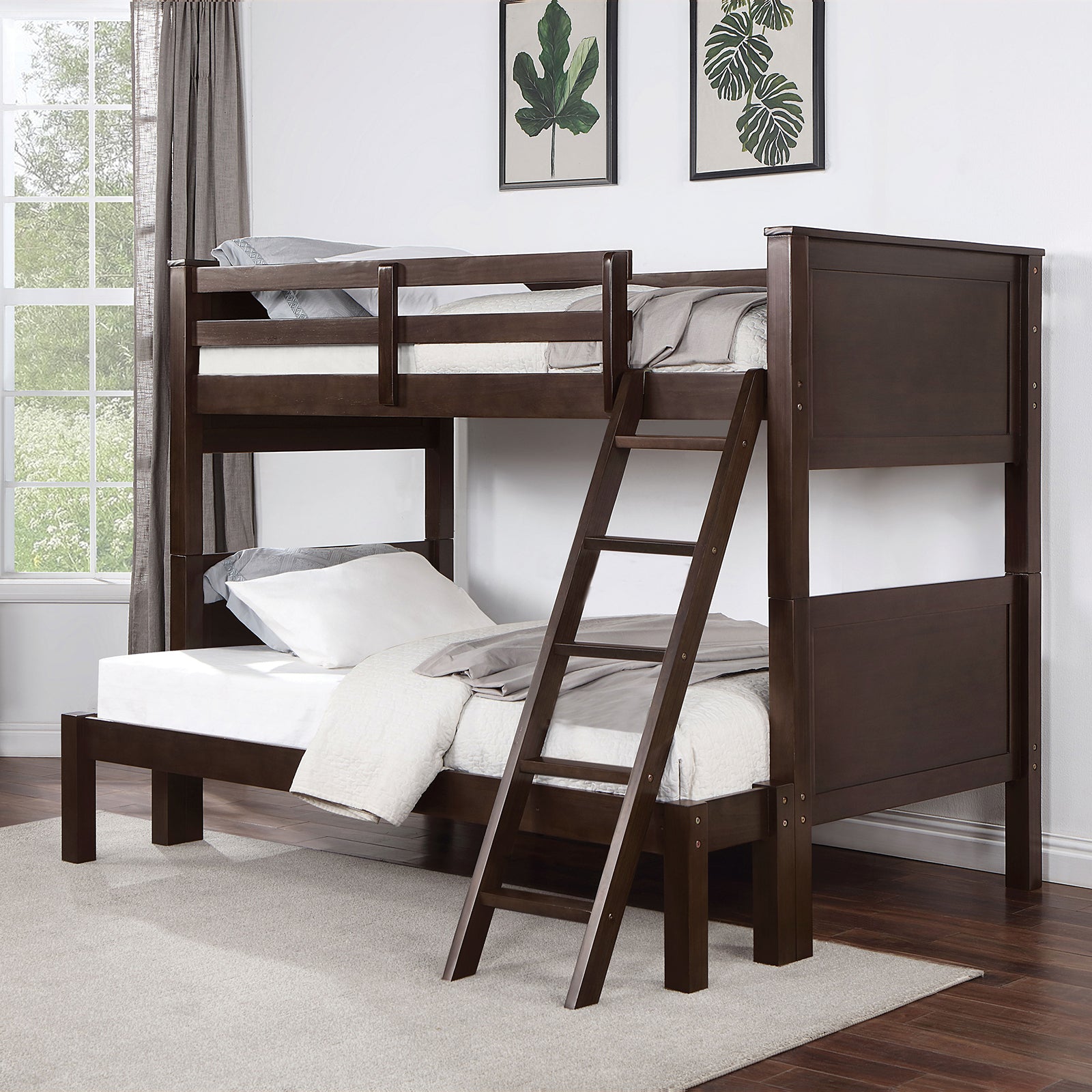 Walnut Transitional Twin Over Full Bunk Bed w/Footboard Ladder