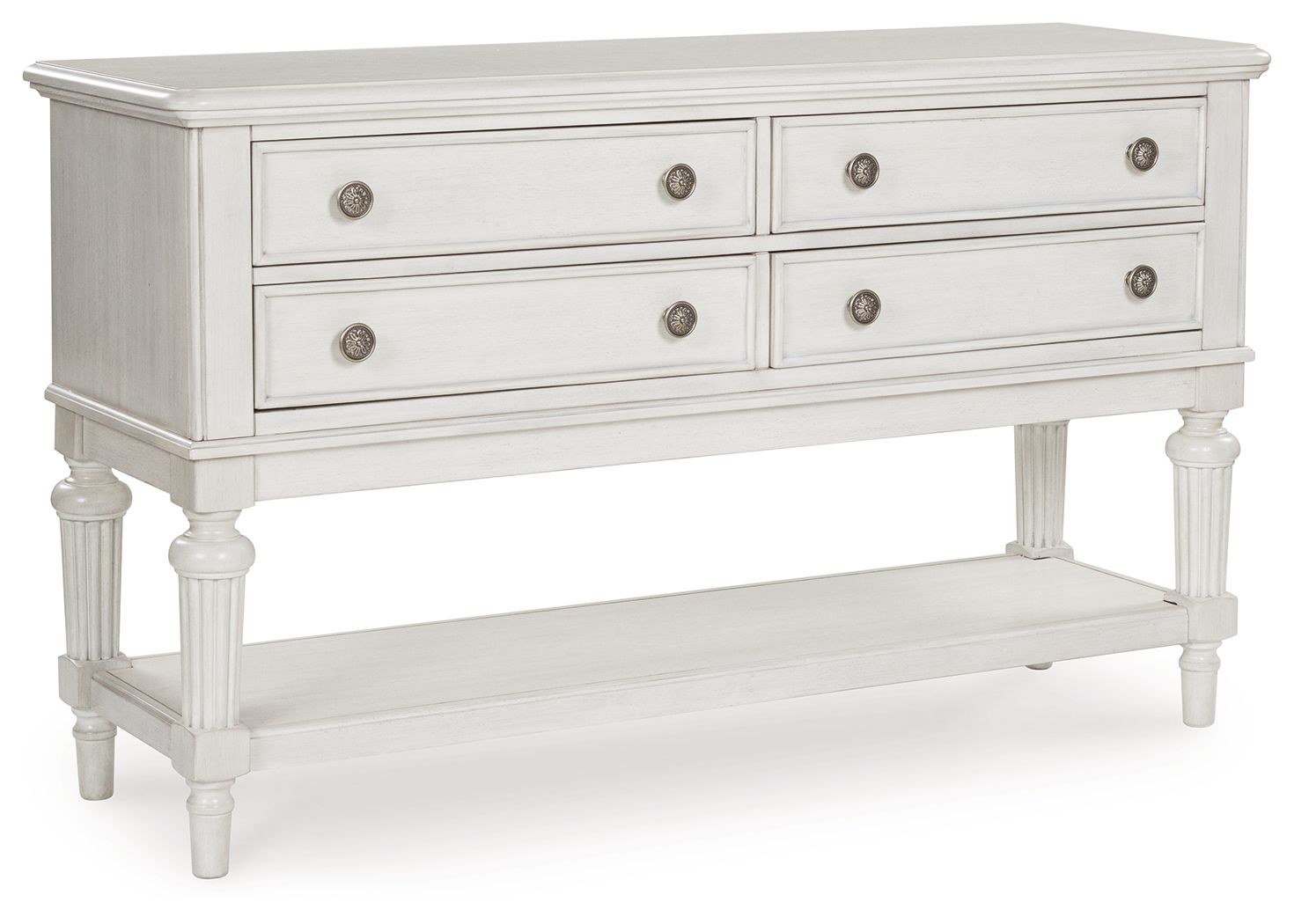 Montelaine antique white dining room server with two drawers, two doors, and turned legs