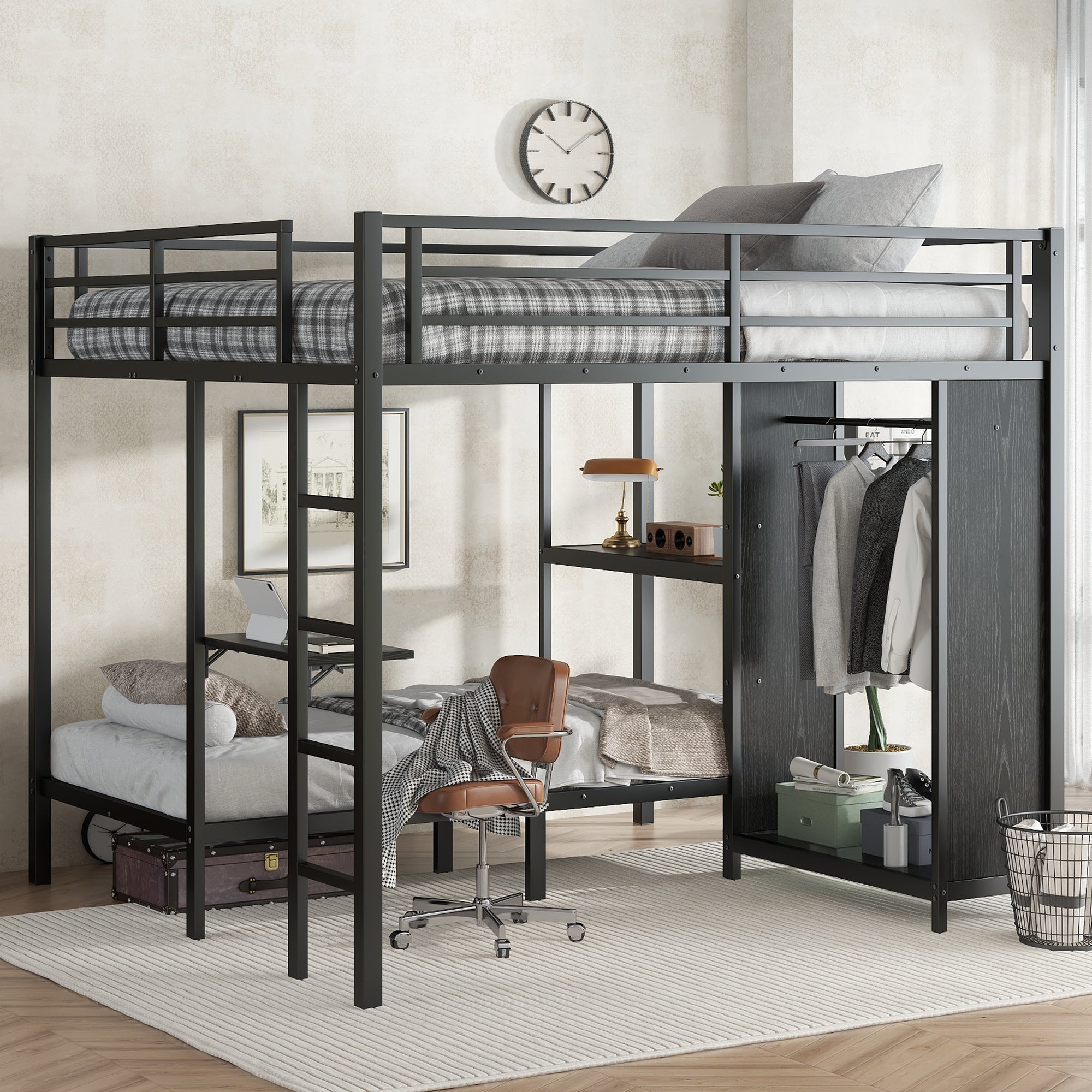 Black Metal King Over Twin XL Bunk Bed w/ Wardrobe, Desk
