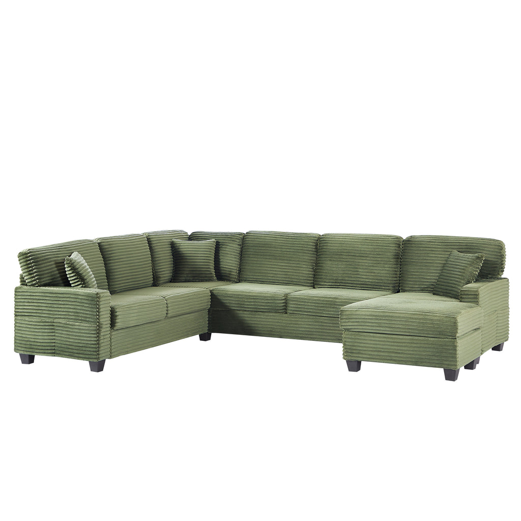 Green corduroy U-shaped sectional sofa with two ottoman blocks