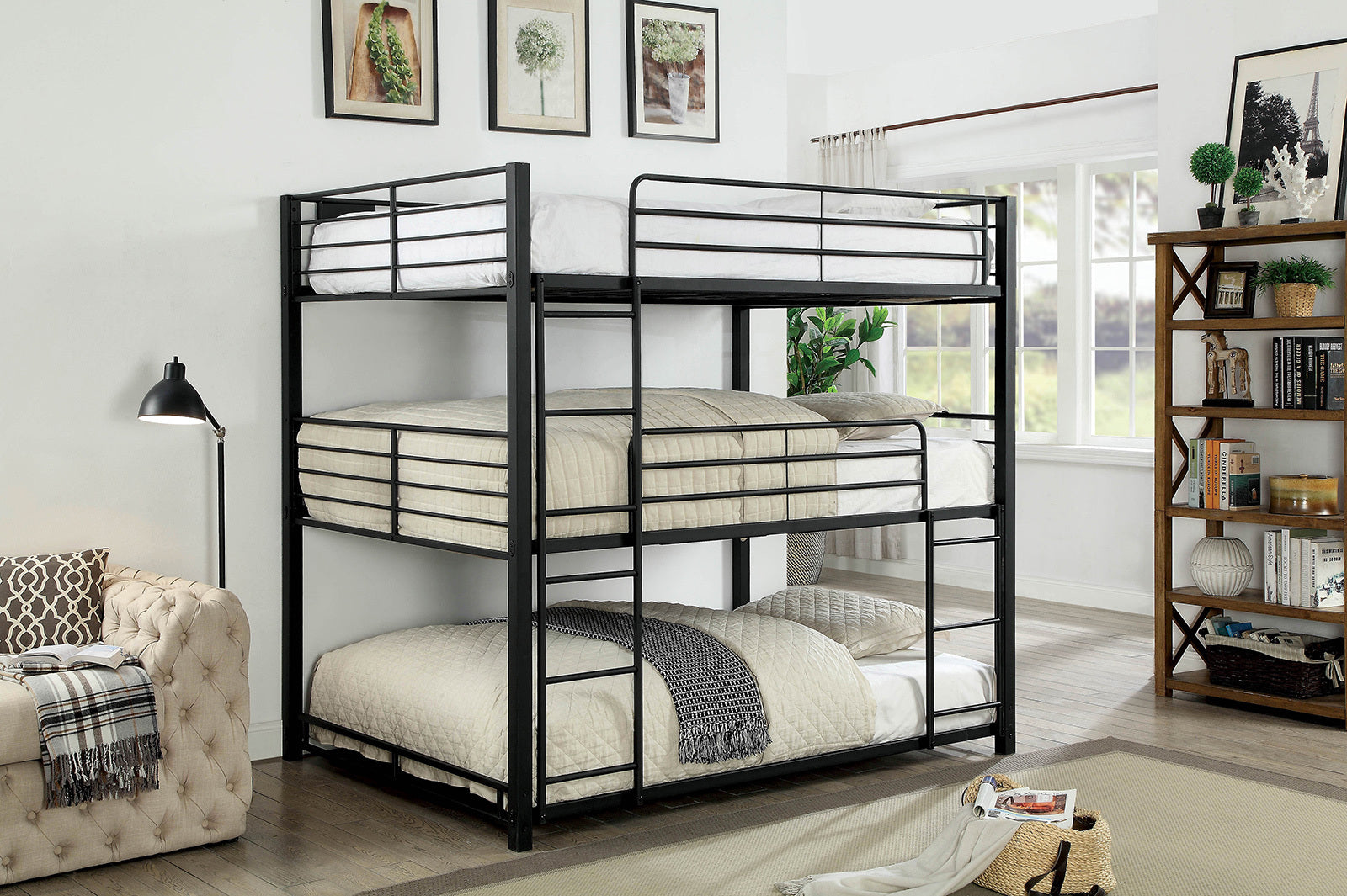 Full Triple Decker Metal Bed - Contemporary, Ladders, Guard Rails, Sand Black