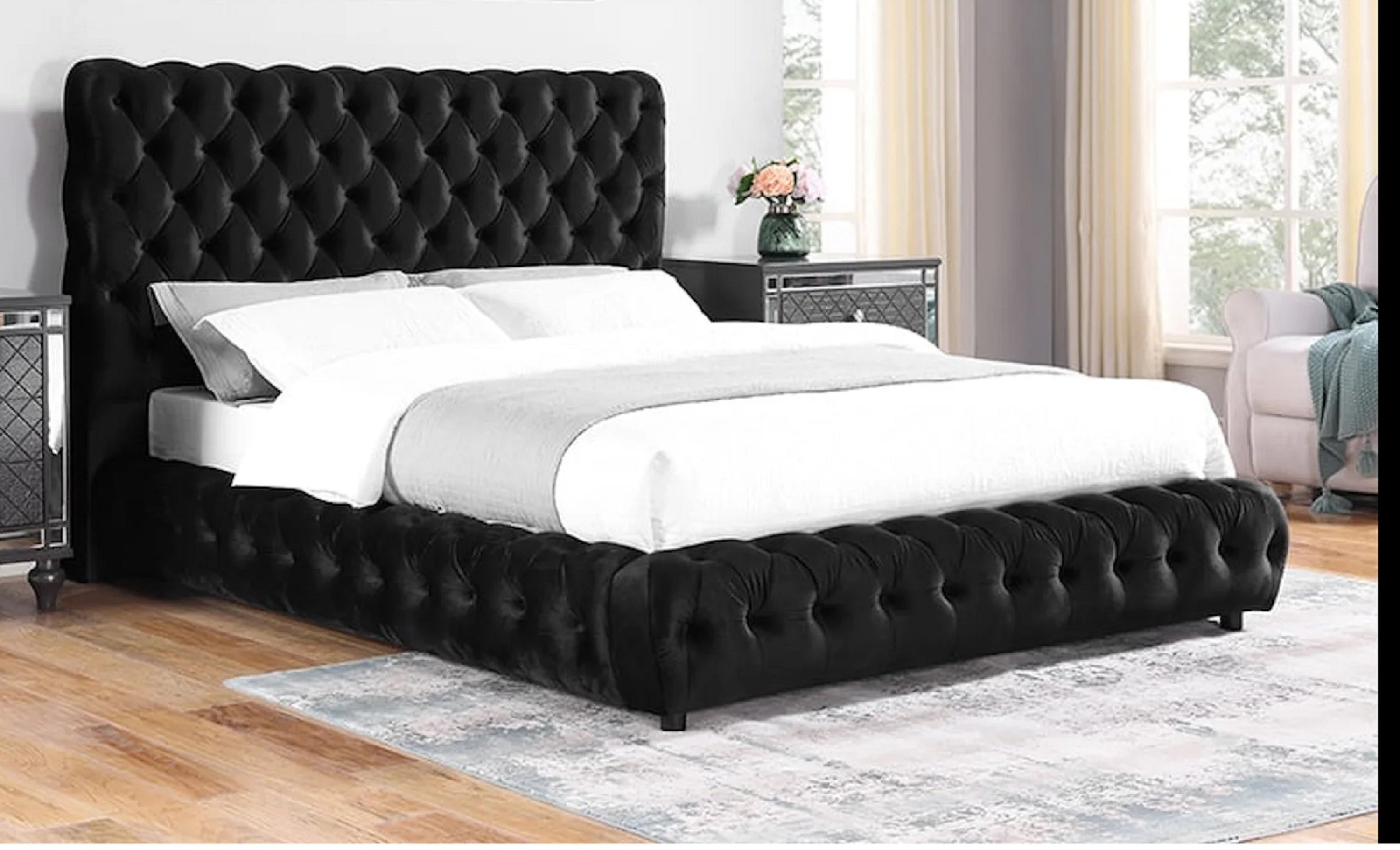Black Contemporary Upholstered King Bed Tufted Headboard & Footboard