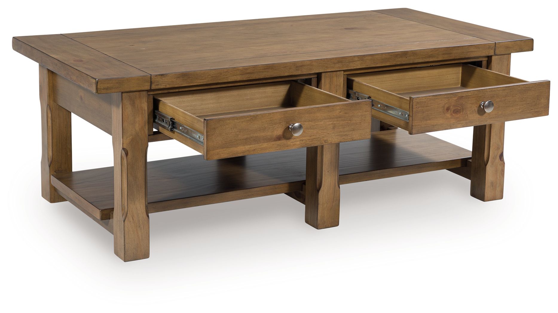 Rectangular medium-brown cocktail table with two drawers and open shelf, side view
