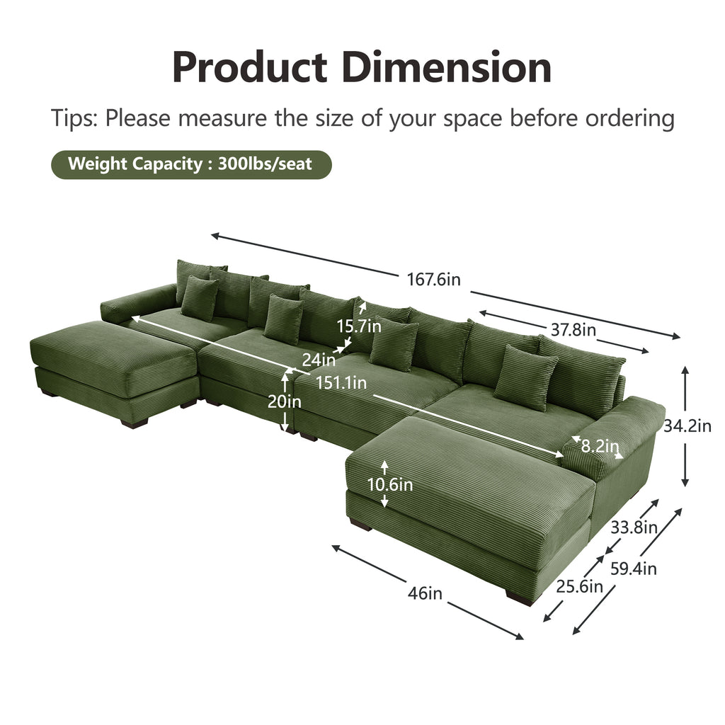 Green corduroy sectional sofa with wide chaise and modular corner seating outline